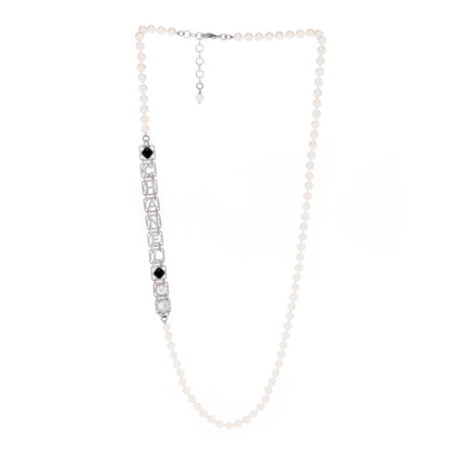 Chanel Crystal Pearl Resin Chanel Logo Long Necklace Silver Pearly White Black 2 of 3