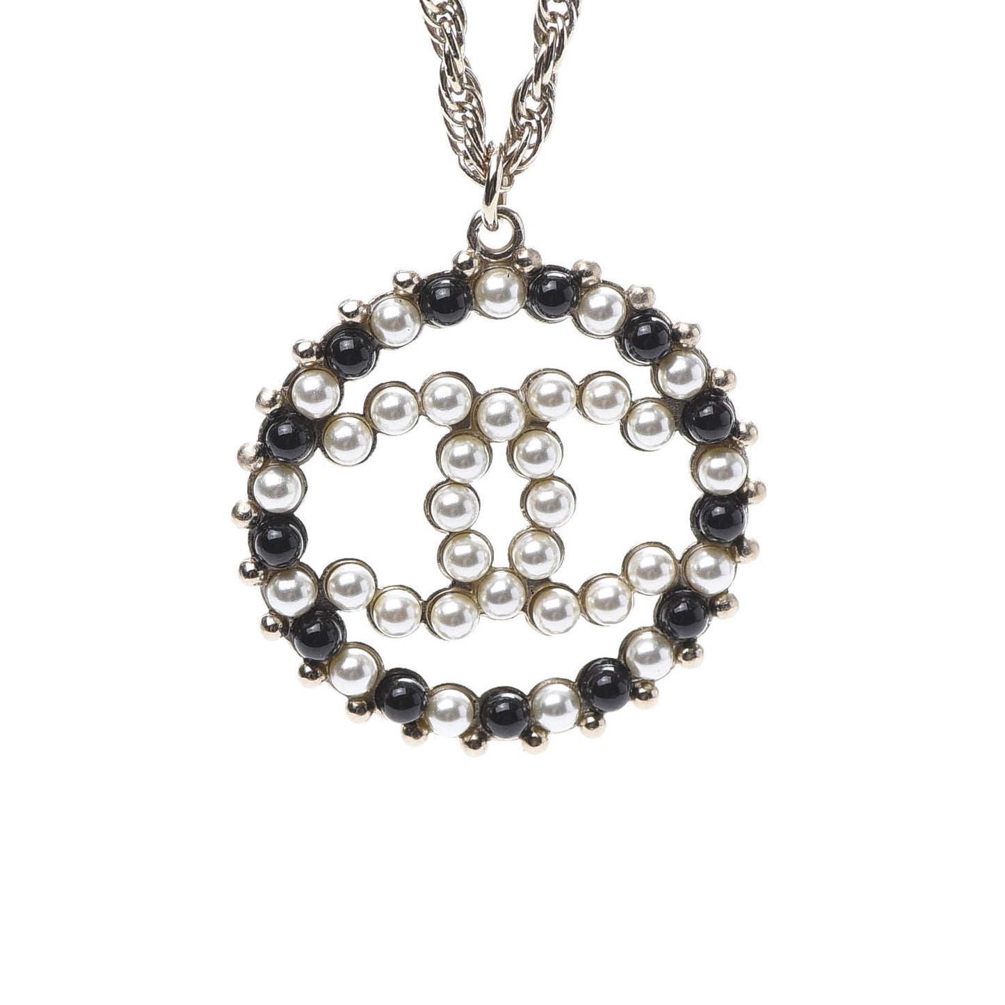 Pearl Bead CC Medallion Necklace Gold Pearly White Black