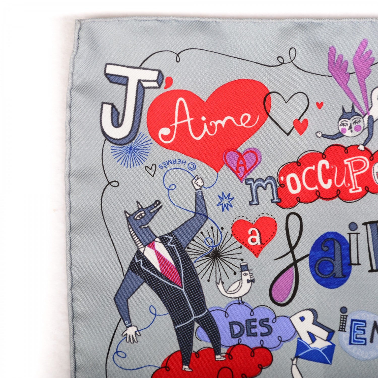 Hermes Silk Les Confessions Pocket Square Gris Bleu Rouge 3 of 4