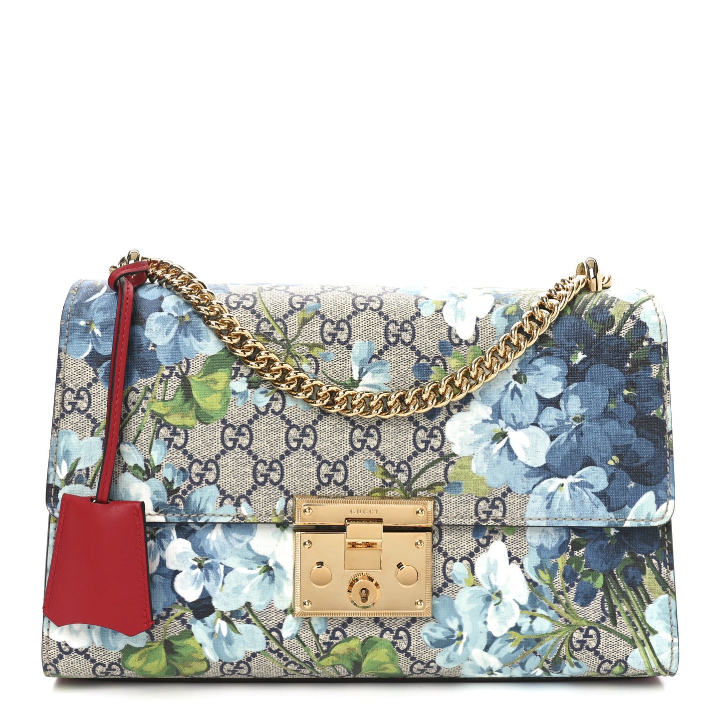 GG Supreme Monogram Blooms Medium Padlock Shoulder Bag Beige Blue Navy Hibiscus Red