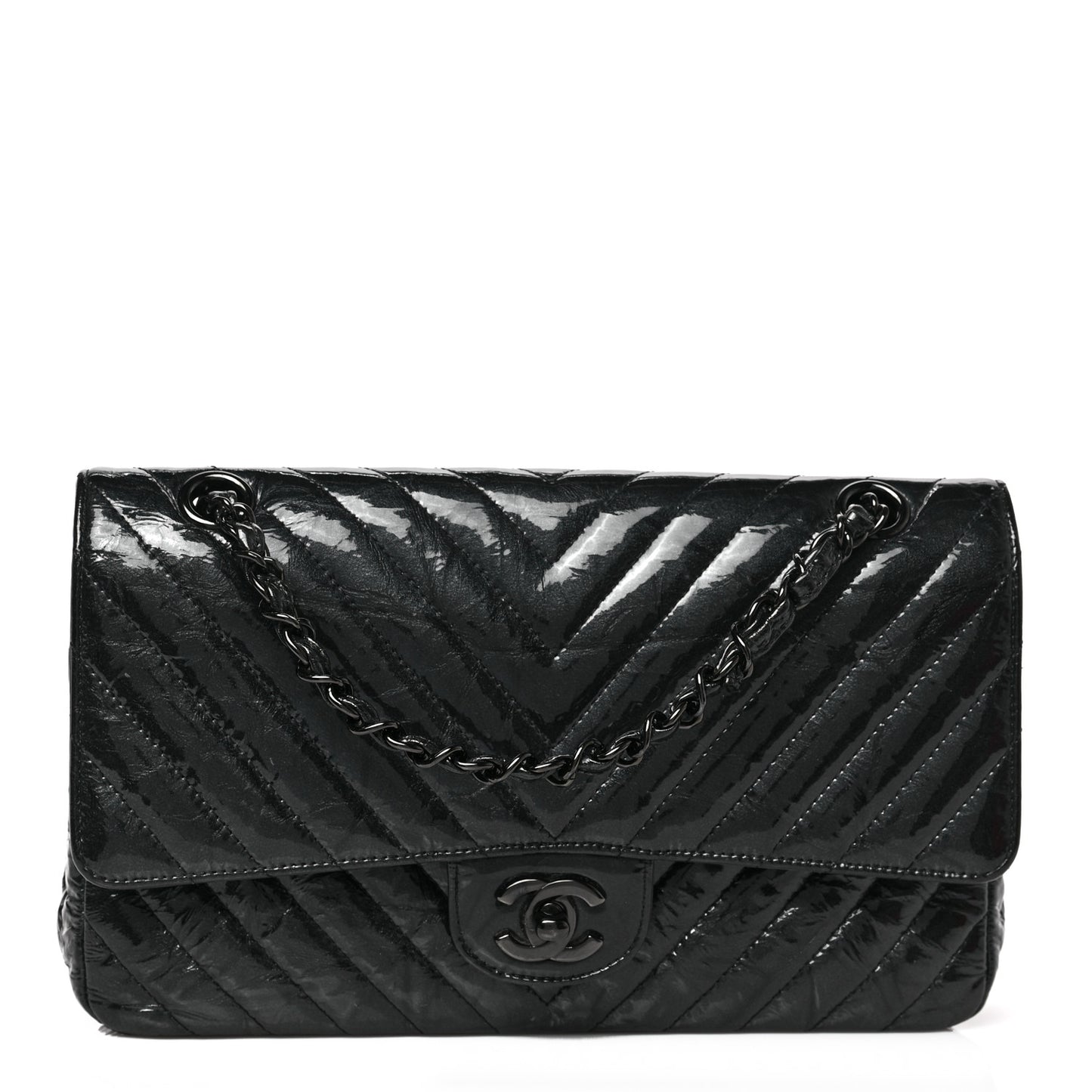 Metallic Patent Crumpled Calfskin Chevron Quilted Medium Double Flap So Black