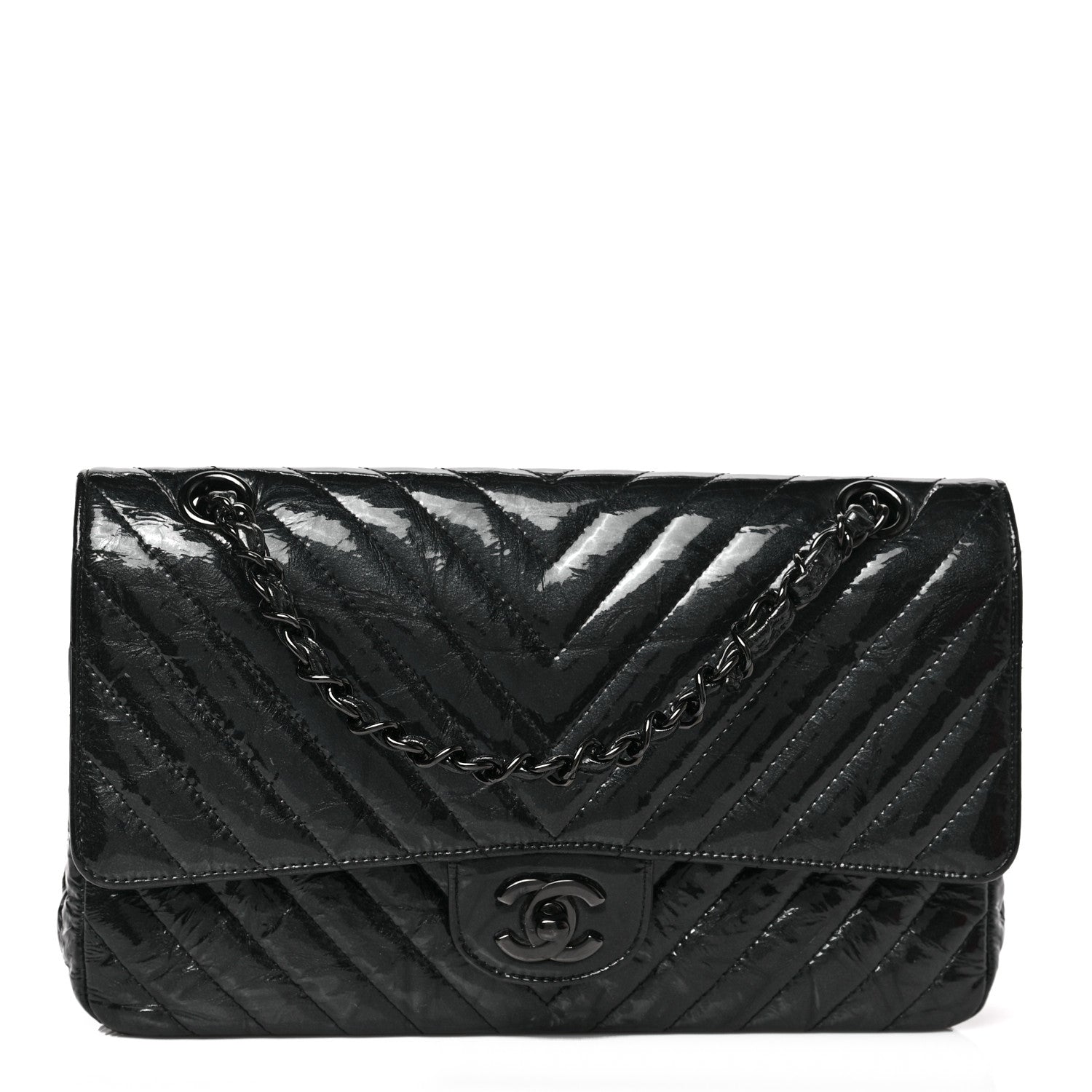 Chanel Metallic Patent Crumpled Calfskin Chevron Quilted Medium Double Flap So Black 1 of 8