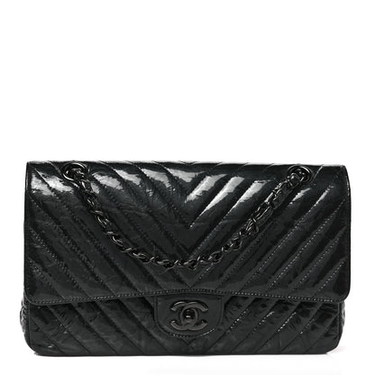 Chanel Metallic Patent Crumpled Calfskin Chevron Quilted Medium Double Flap So Black 1 of 8