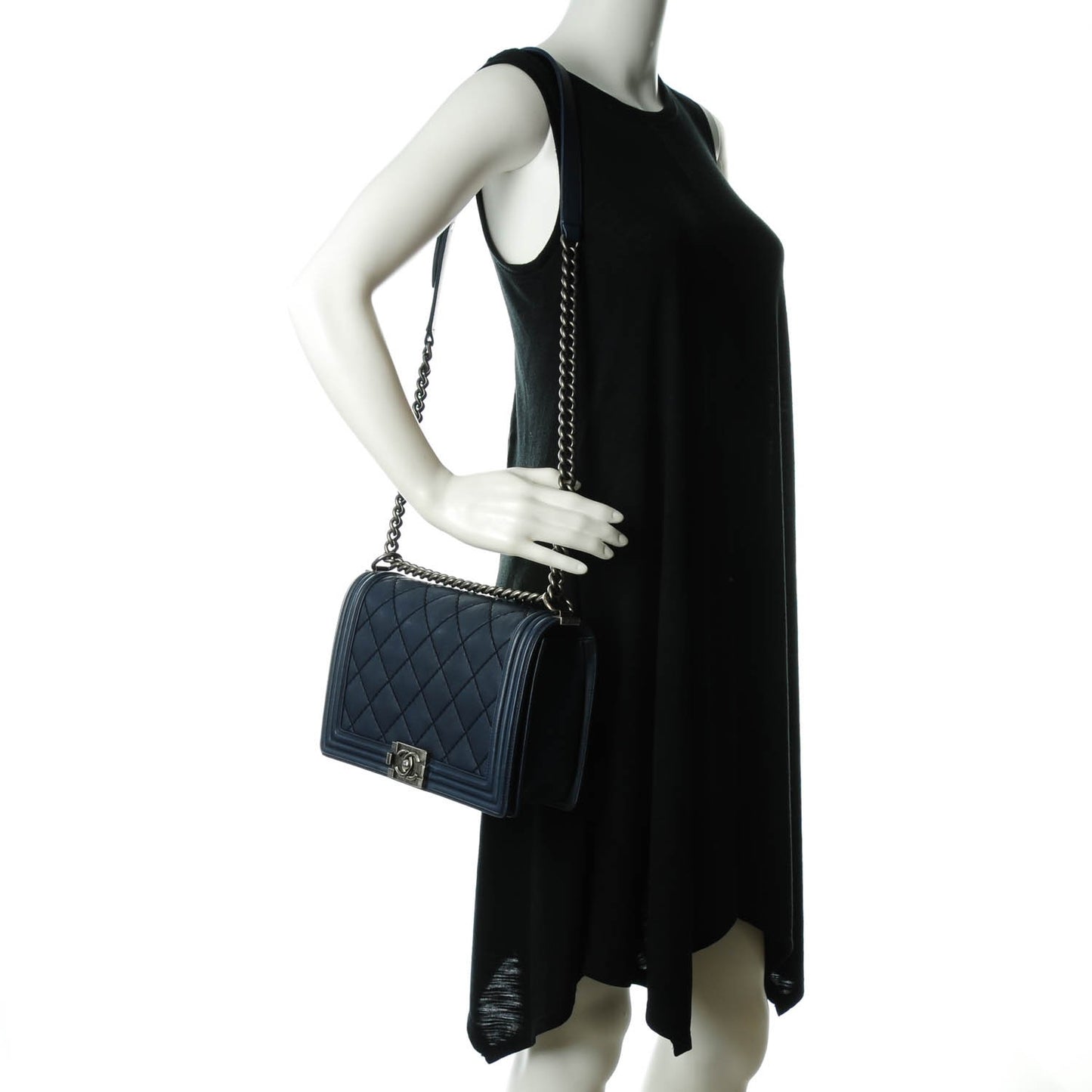 Calfskin Double Stitch New Medium Boy Flap Navy Blue