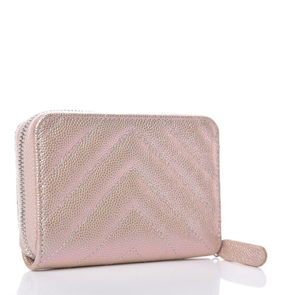 Chanel Metallic Caviar Chevron Quilted Zip Around Coin Purse Light Gold 3 of 8