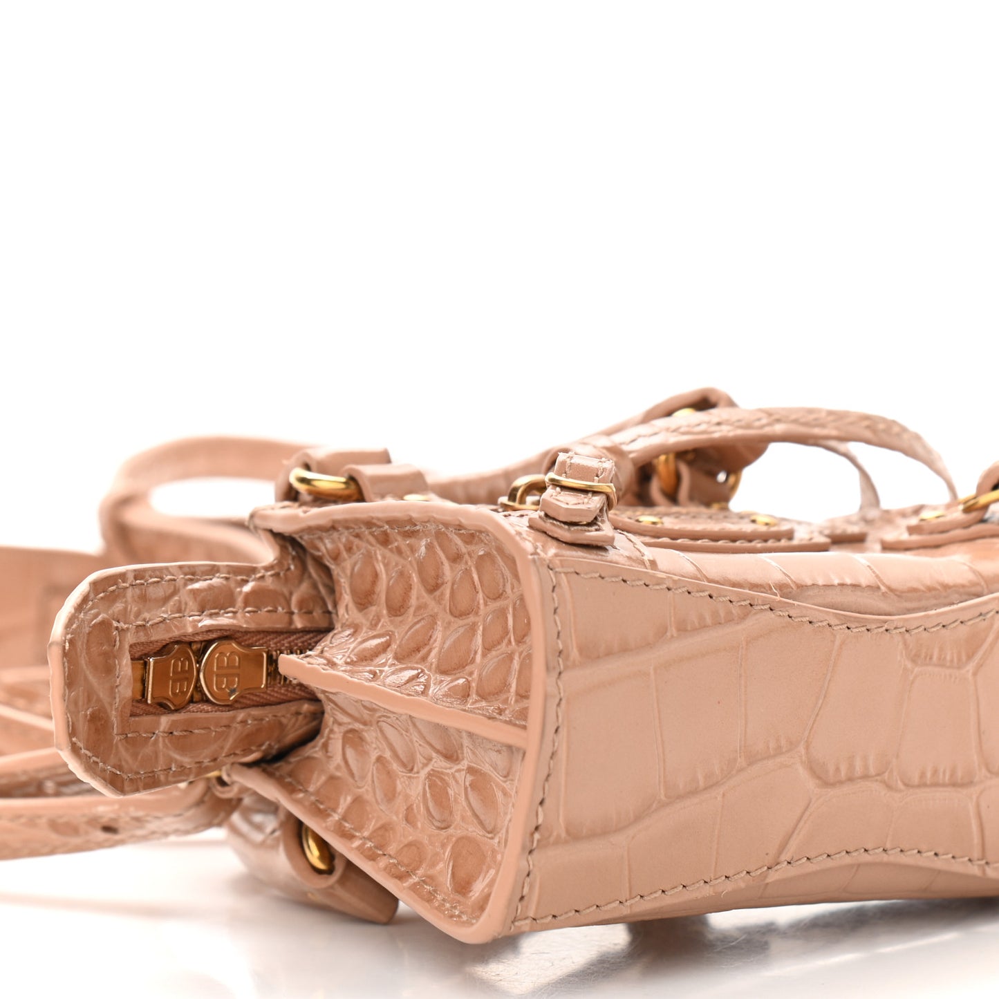 Shiny Supple Calfskin Crocodile Embossed Neo Classic Gold Hardware Super Nano City Crossbody Nude Beige