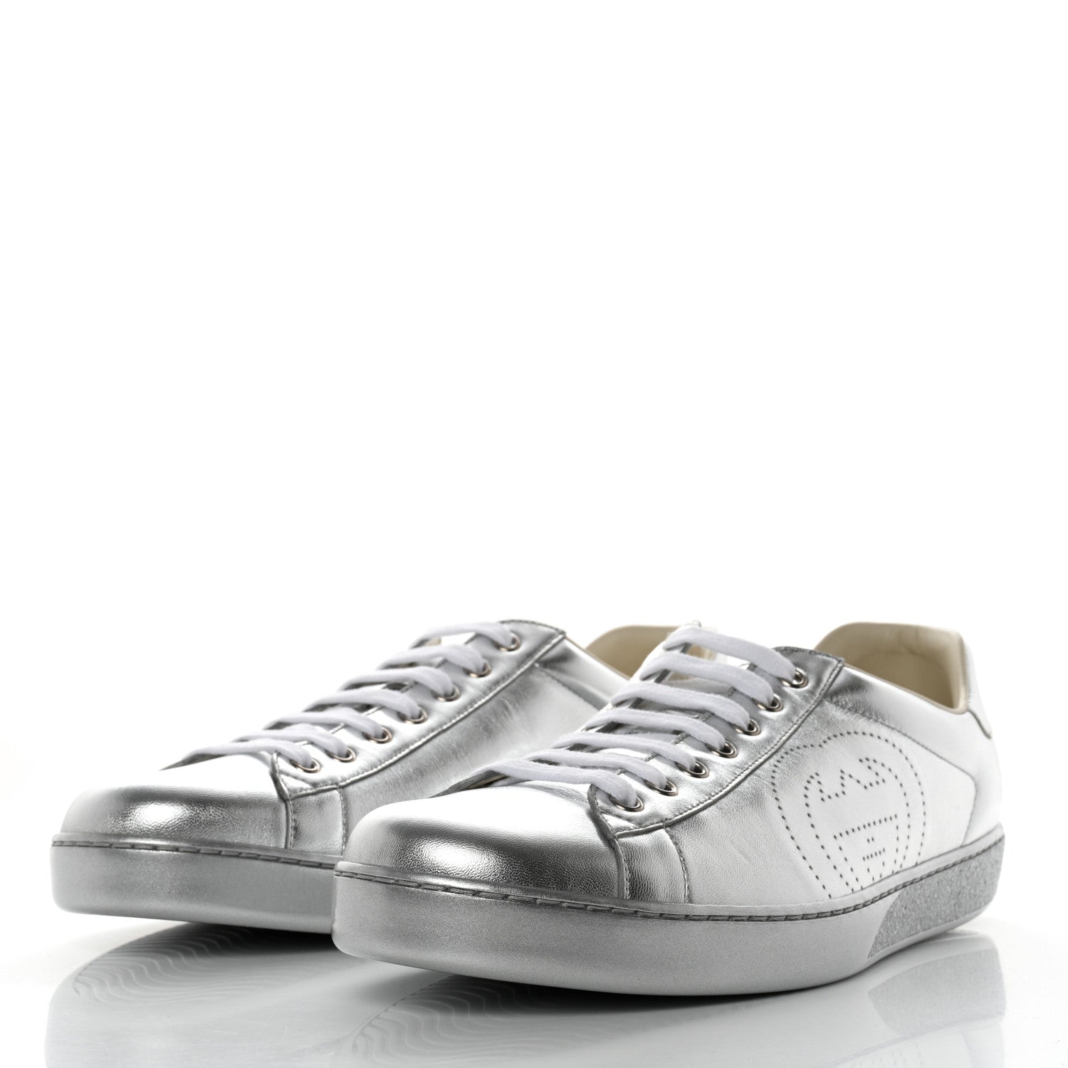 Gucci Metallic Nappa Interlocking G Perforated Mens Ace Sneakers 11 Silver 3 of 9