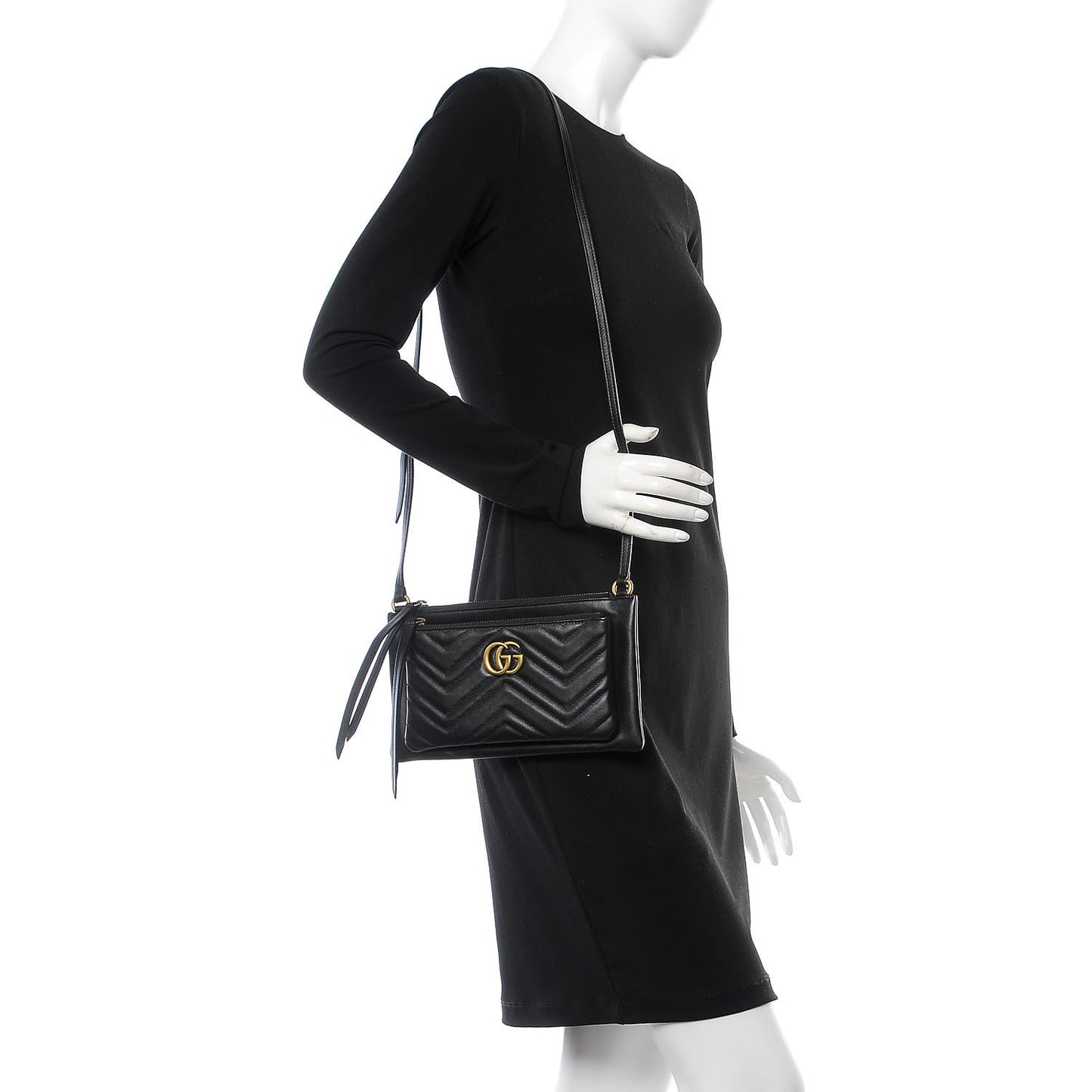 Calfskin Matelasse Small GG Marmont Double Zip Shoulder Bag Black