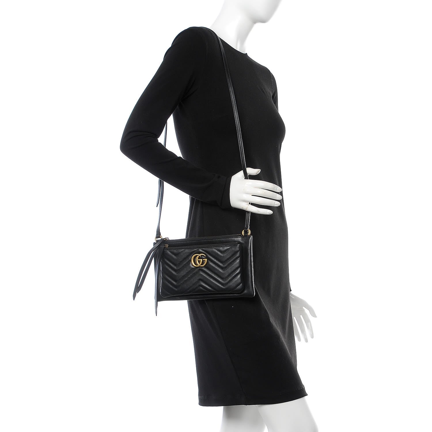 Gucci Calfskin Matelasse Small GG Marmont Double Zip Shoulder Bag Black 2 of 12