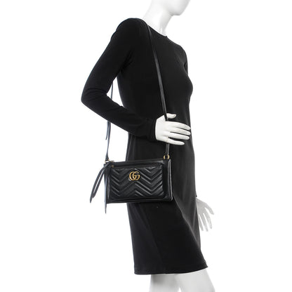 Gucci Calfskin Matelasse Small GG Marmont Double Zip Shoulder Bag Black 2 of 12