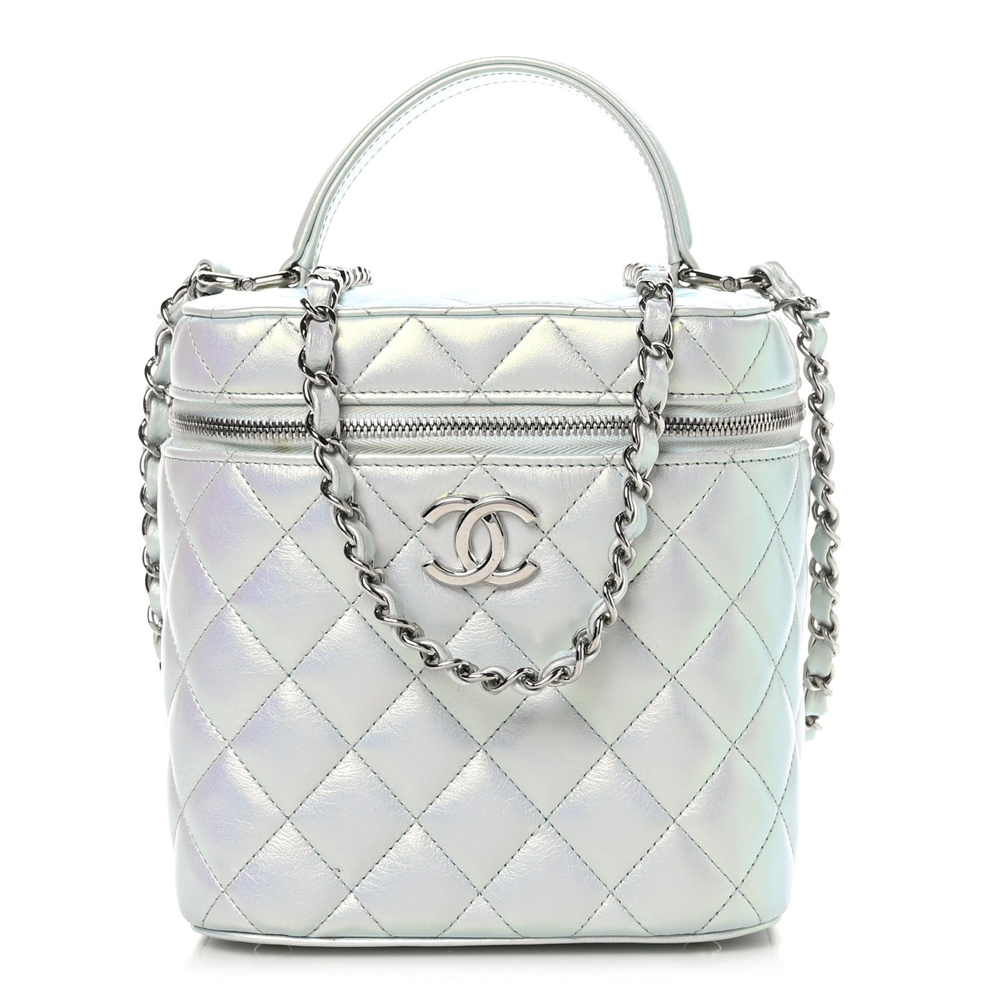Iridescent Calfskin Quilted Small Top Handle Vanity Case With Chain Blue