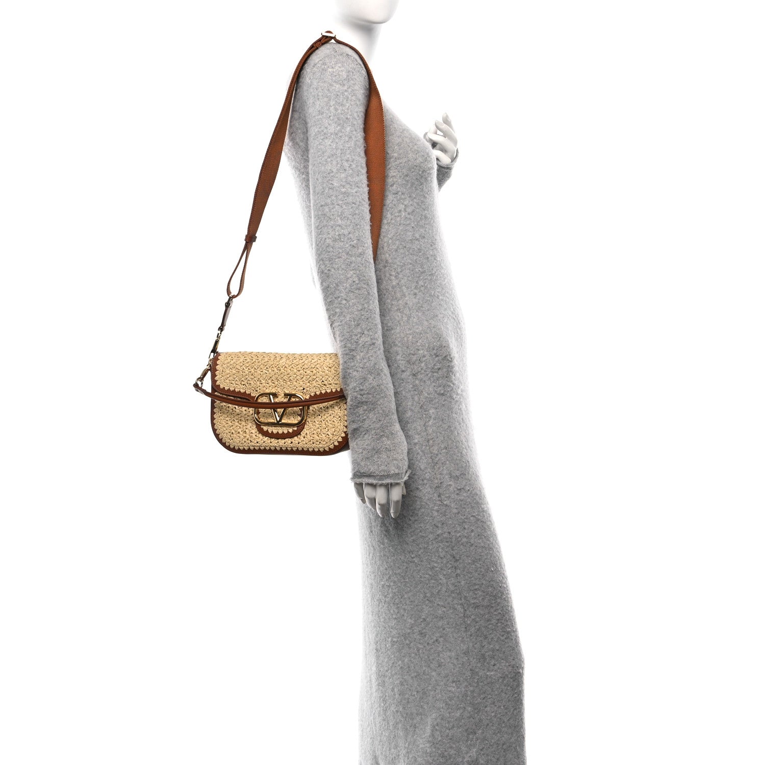 Valentino Garavani Raffia Calfskin Vlogo Alltime Shoulder Bag Natural Saddle Brown 2 of 9