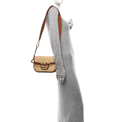 Valentino Garavani Raffia Calfskin Vlogo Alltime Shoulder Bag Natural Saddle Brown 2 of 9