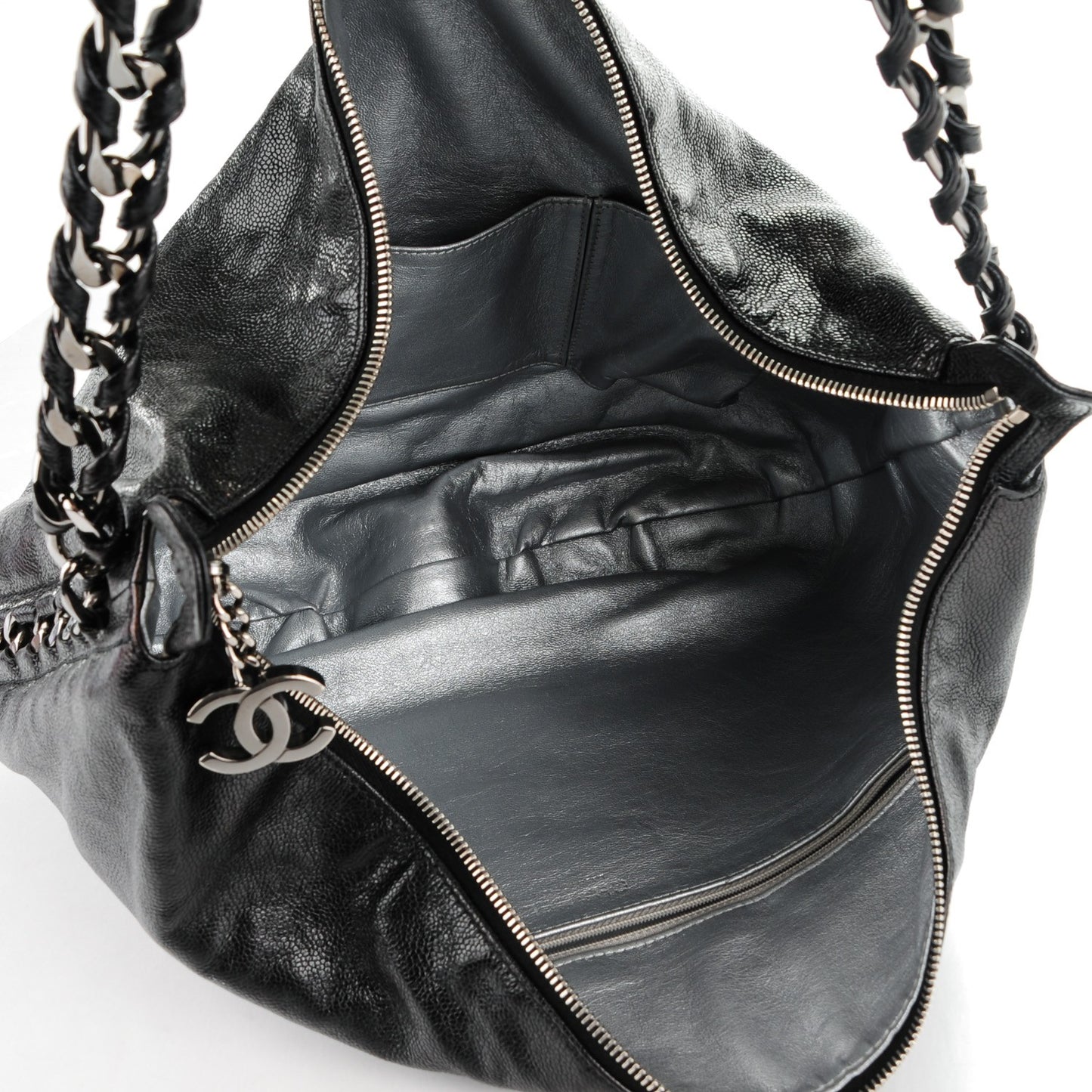 Glazed Caviar Modern Chain Hobo Black