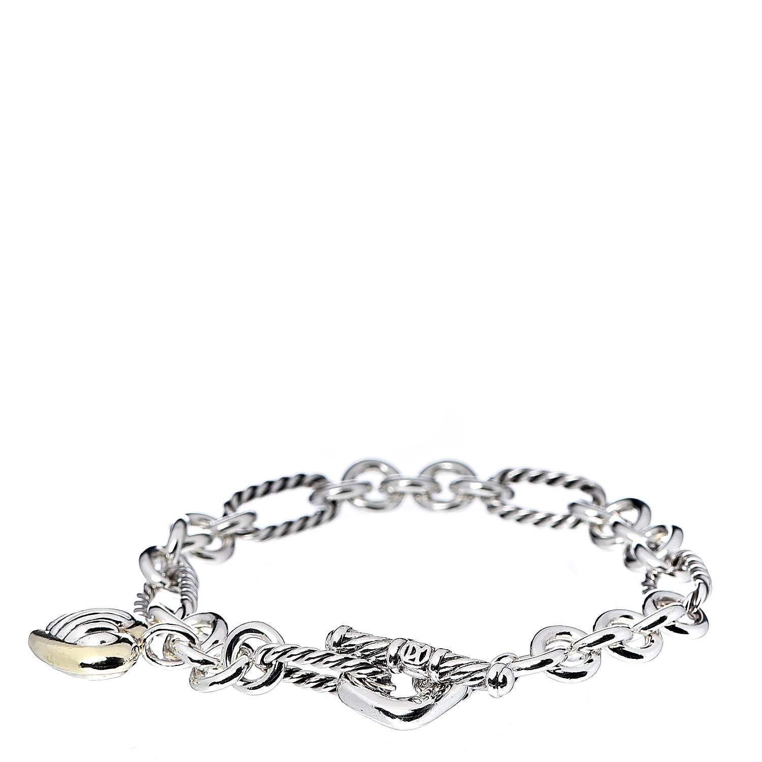 David Yurman Sterling Silver 18K Yellow Gold Cable Heart Charm Bracelet 1 of 4