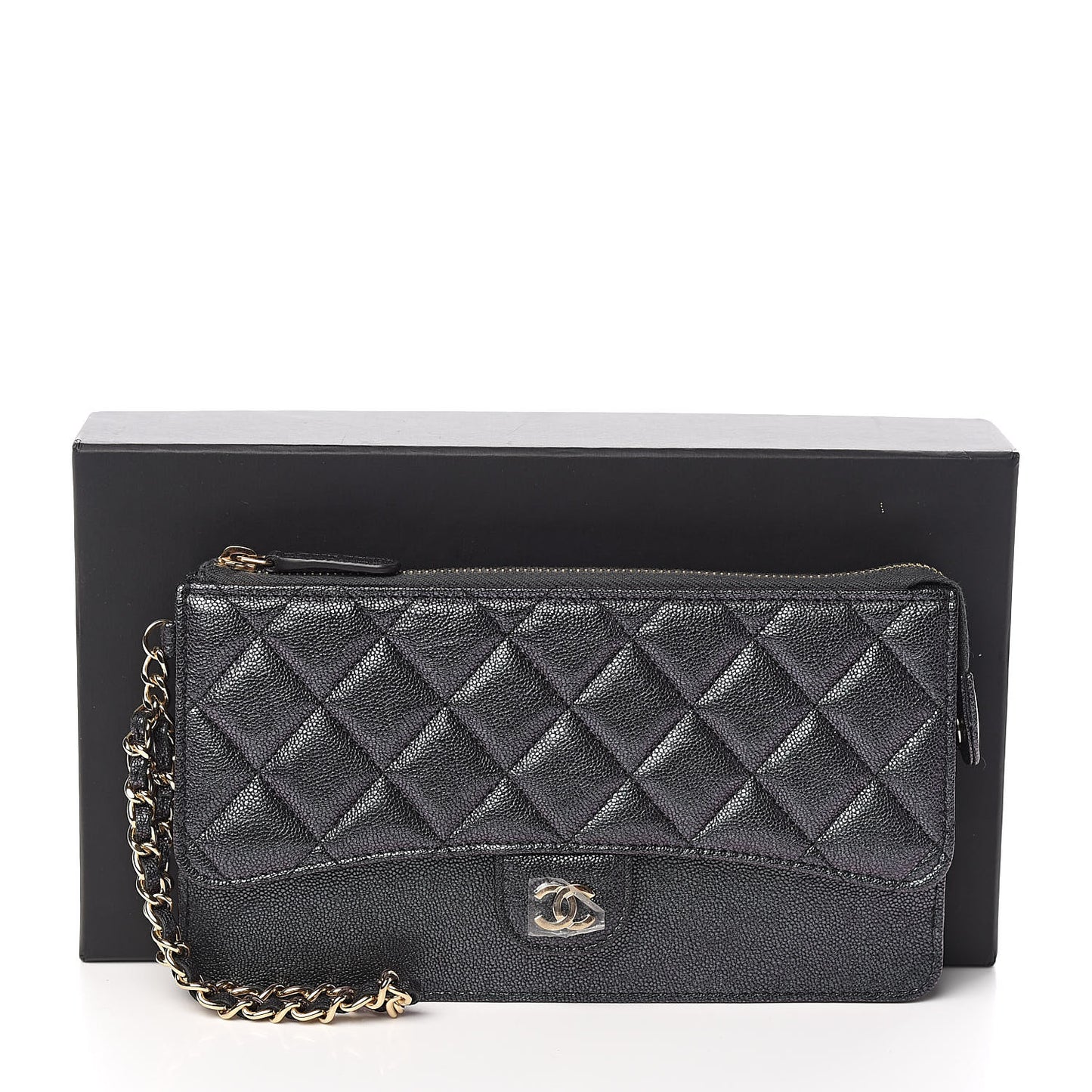 Iridescent Caviar Quilted Classic Pouch With Handle Black