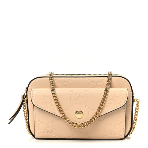 Calfskin GG Super Mini Debossed Chain Wallet Light Beige