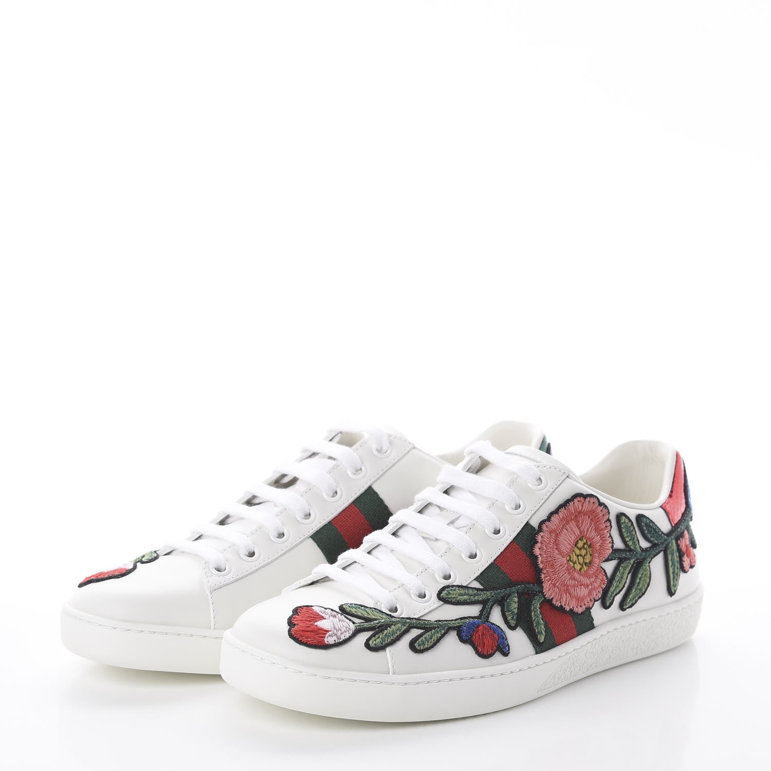 Gucci Calfskin Web Floral Embroidered Womens Ace Sneakers 37.5 White 2 of 7