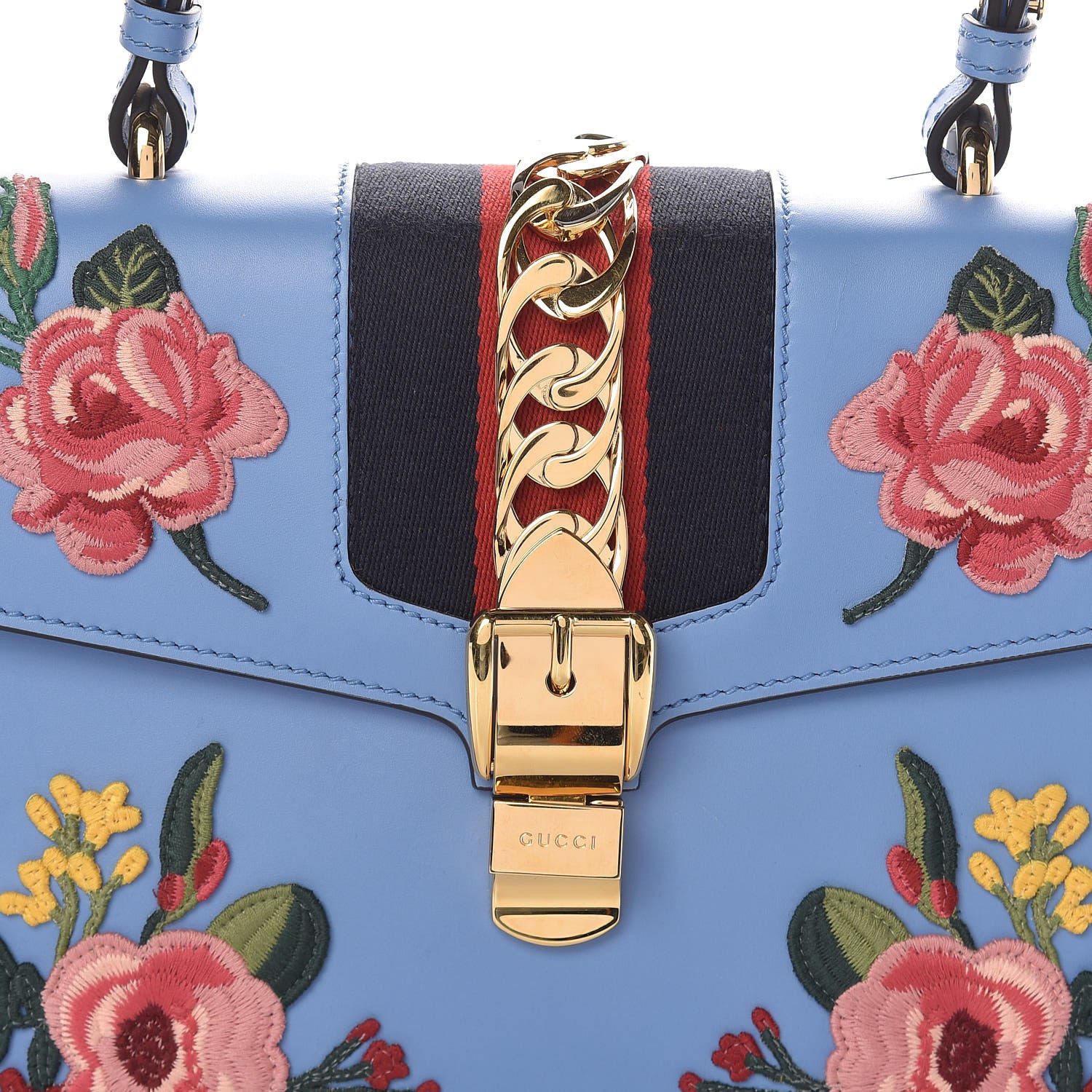 Gucci Calfskin Embroidered Medium Sylvie Top Handle Bag Clear Sky Blue 8 of 12