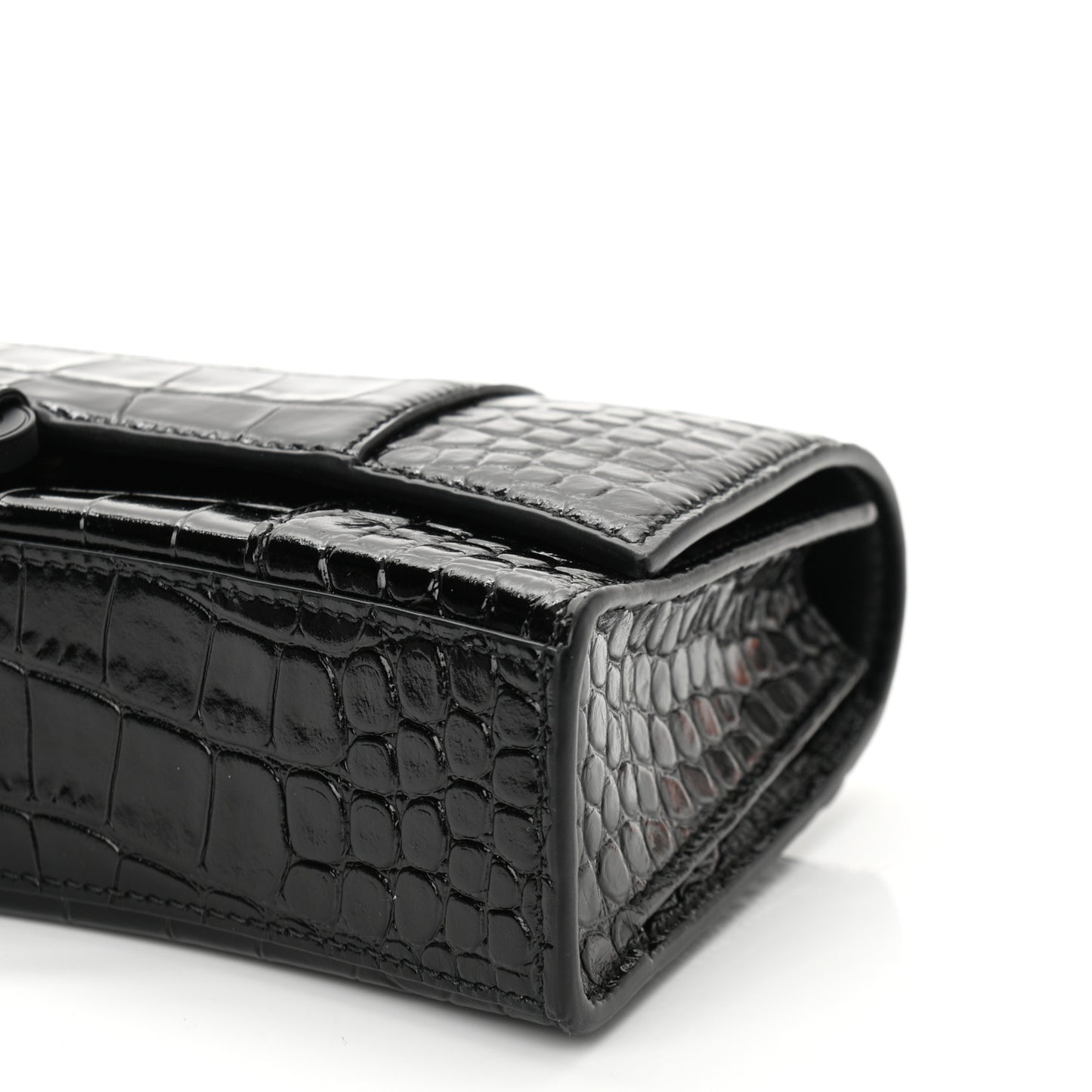 Shiny Calfskin Monochrome Crocodile Embossed Small Hourglass Evening Chain Bag Black