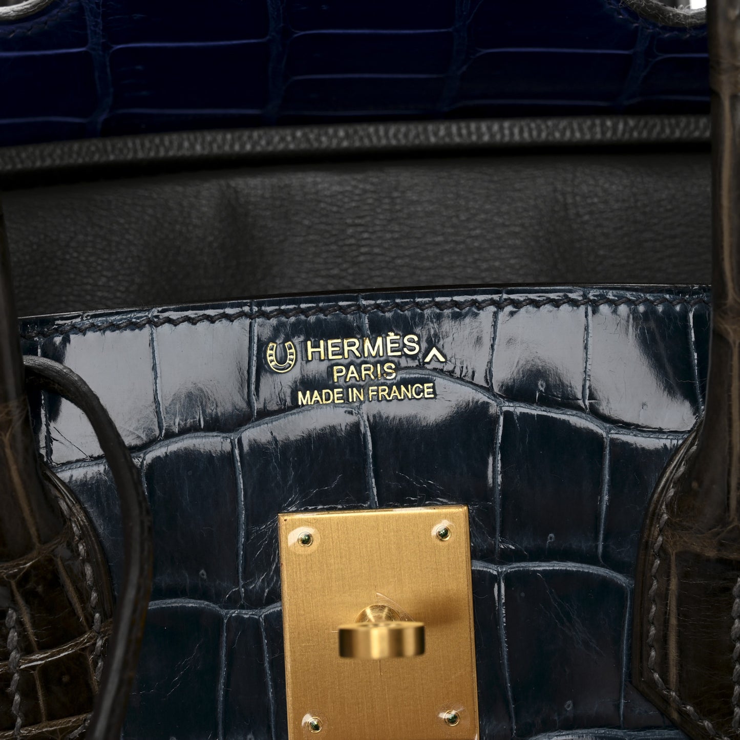 Shiny Porosus Crocodile Horseshoe Birkin 35 Havane Bleu Electrique Bleu Roi