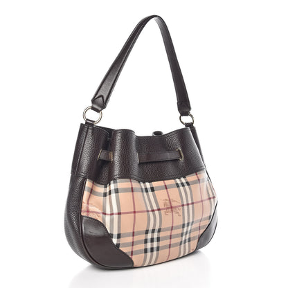 Burberry Grained Calfskin Haymarket Check Hobo Dark Brown 3 of 11