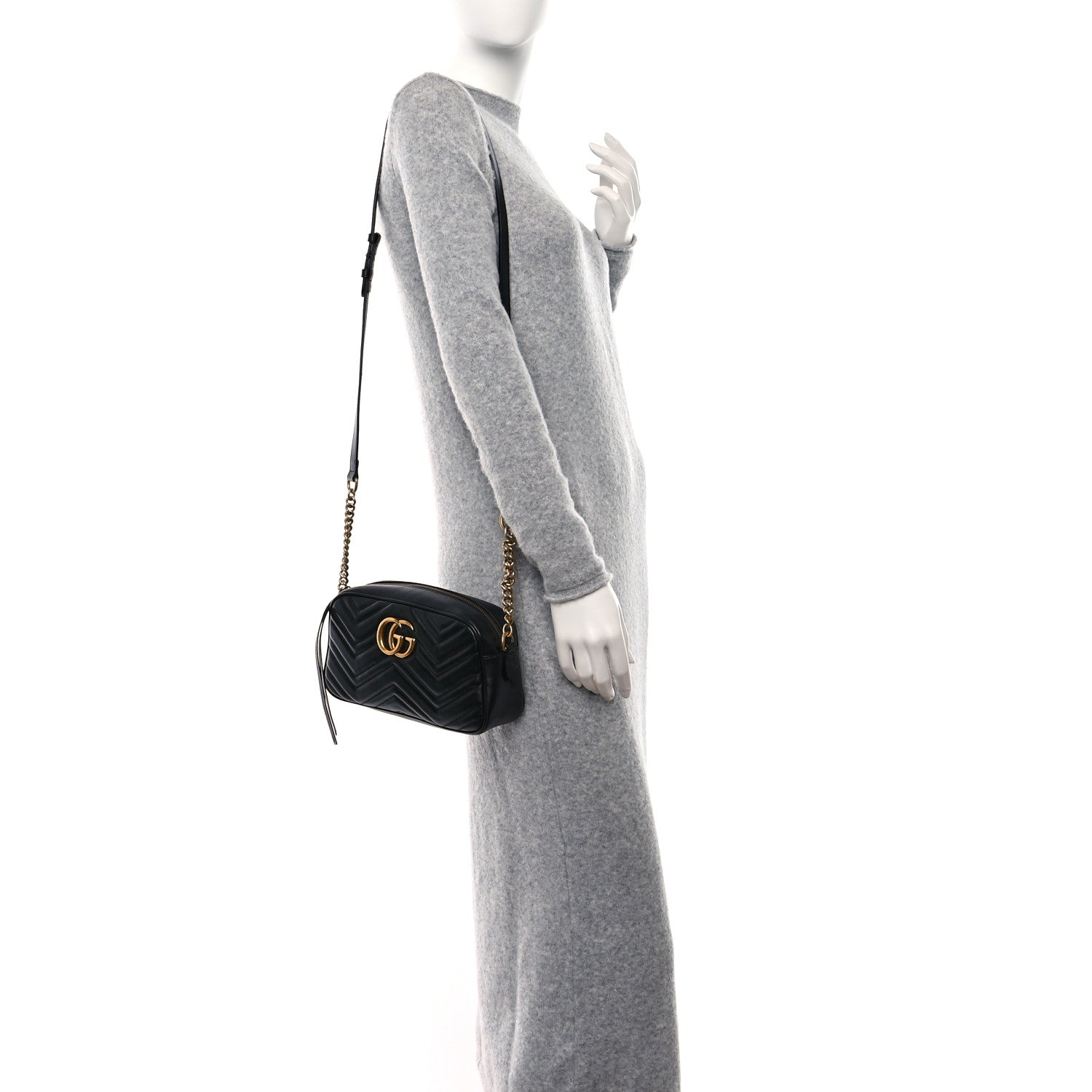 Gucci Calfskin Matelasse Small GG Marmont Chain Shoulder Bag Black 3 of 9