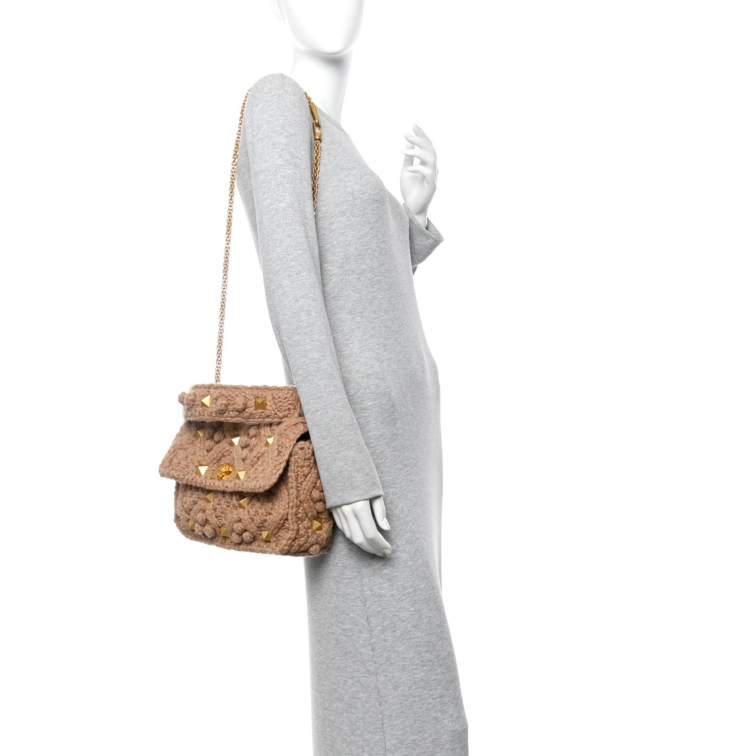 Valentino Garavani Cashmere Large Roman Stud Shoulder Bag Saddle Brown 2 of 9