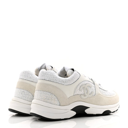 Chanel Painted Iridescent Cotton Tweed Suede Womens CC Sneakers 36 White Silver Multicolor 4 of 8