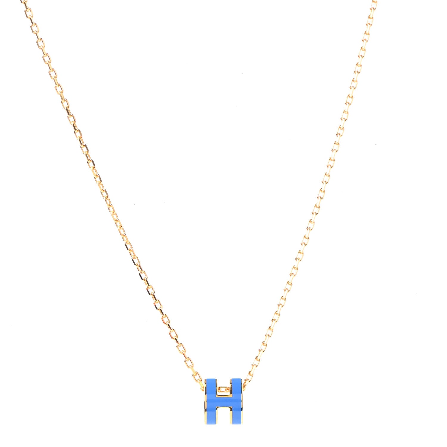 Hermes Lacquered Gold Mini Pop H Pendant Necklace Bleu Sature 1 of 7