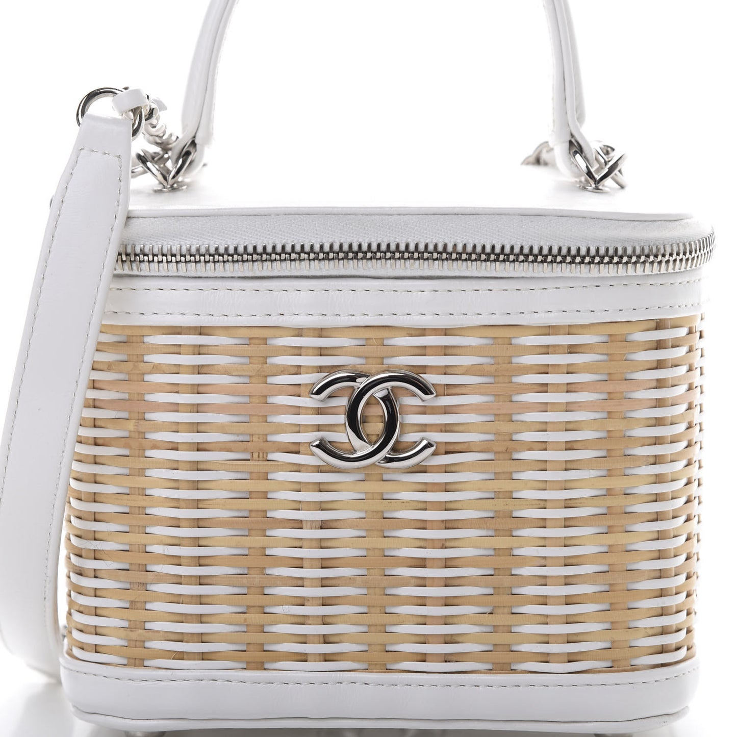 Calfskin Raffia Small Vanity Case Bag White Beige