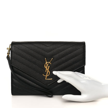 Saint Laurent Grain De Poudre Matelasse Chevron Monogram Envelope Clutch Black 3 of 9