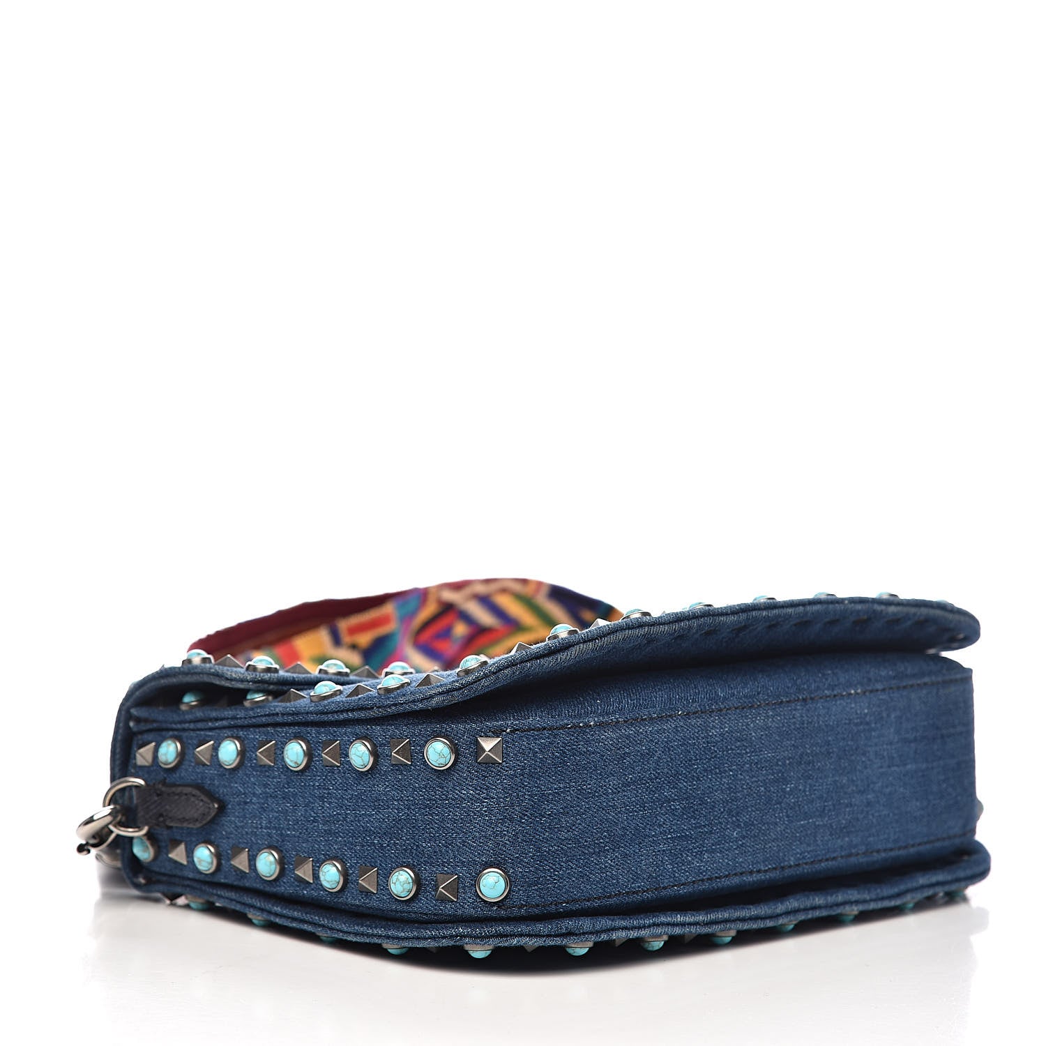 Valentino Garavani Denim Medium Guitar Strap Rockstud Rolling Flap Saddle Bag 4 of 10
