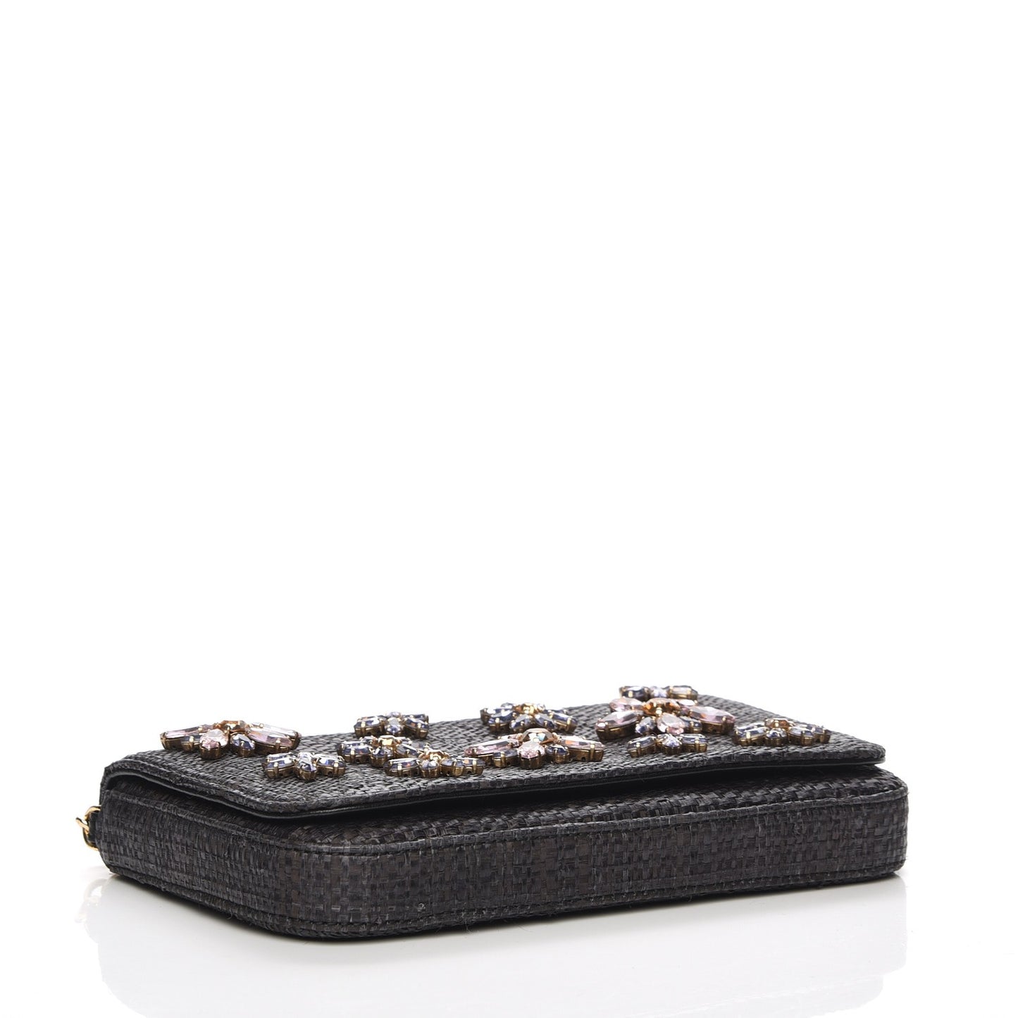 Raffia Crystal Embellished Chain Clutch Black