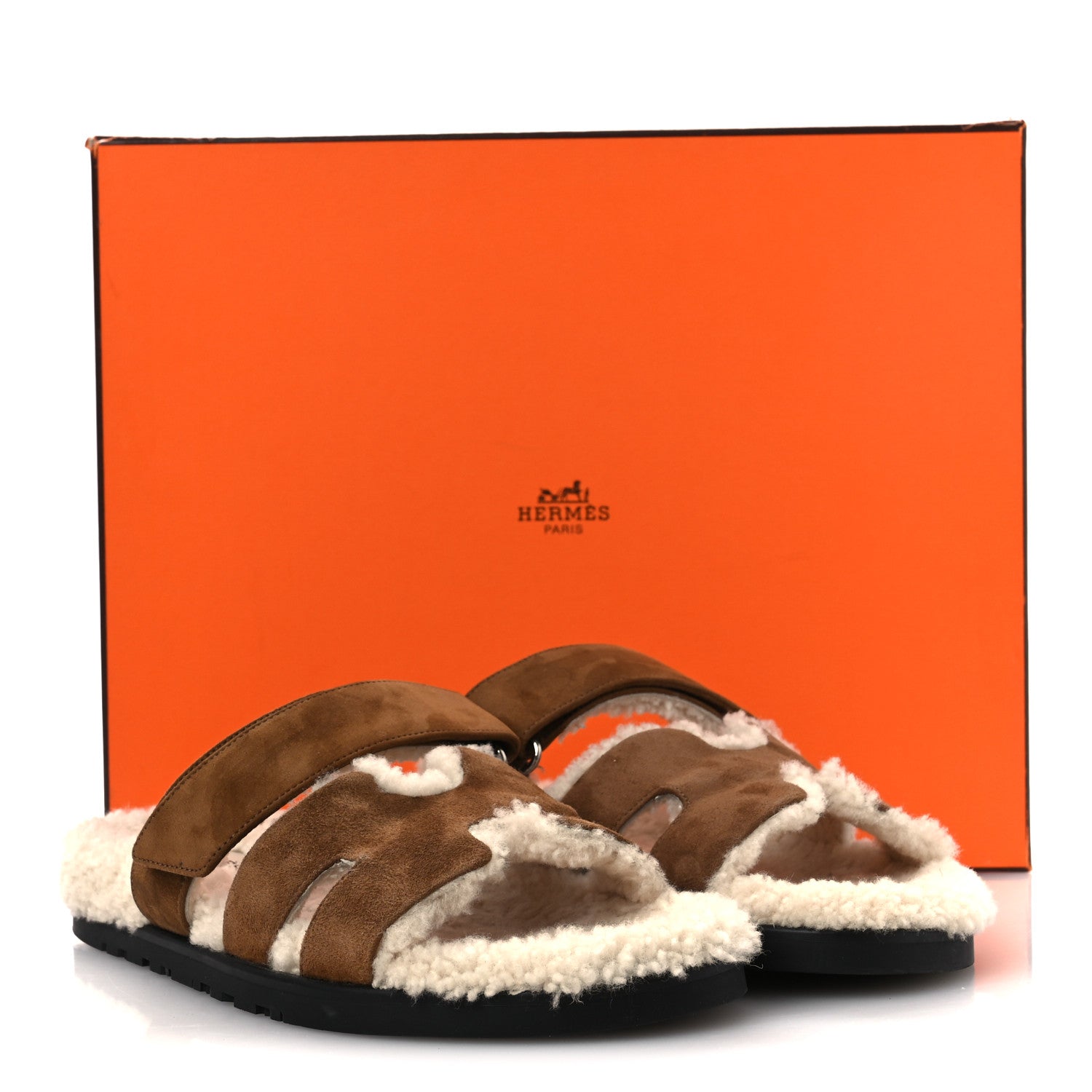 Hermes Suede Goatskin Woolskin Mens Chypre Sandals 42 Brun Fume Ecru 10 of 10