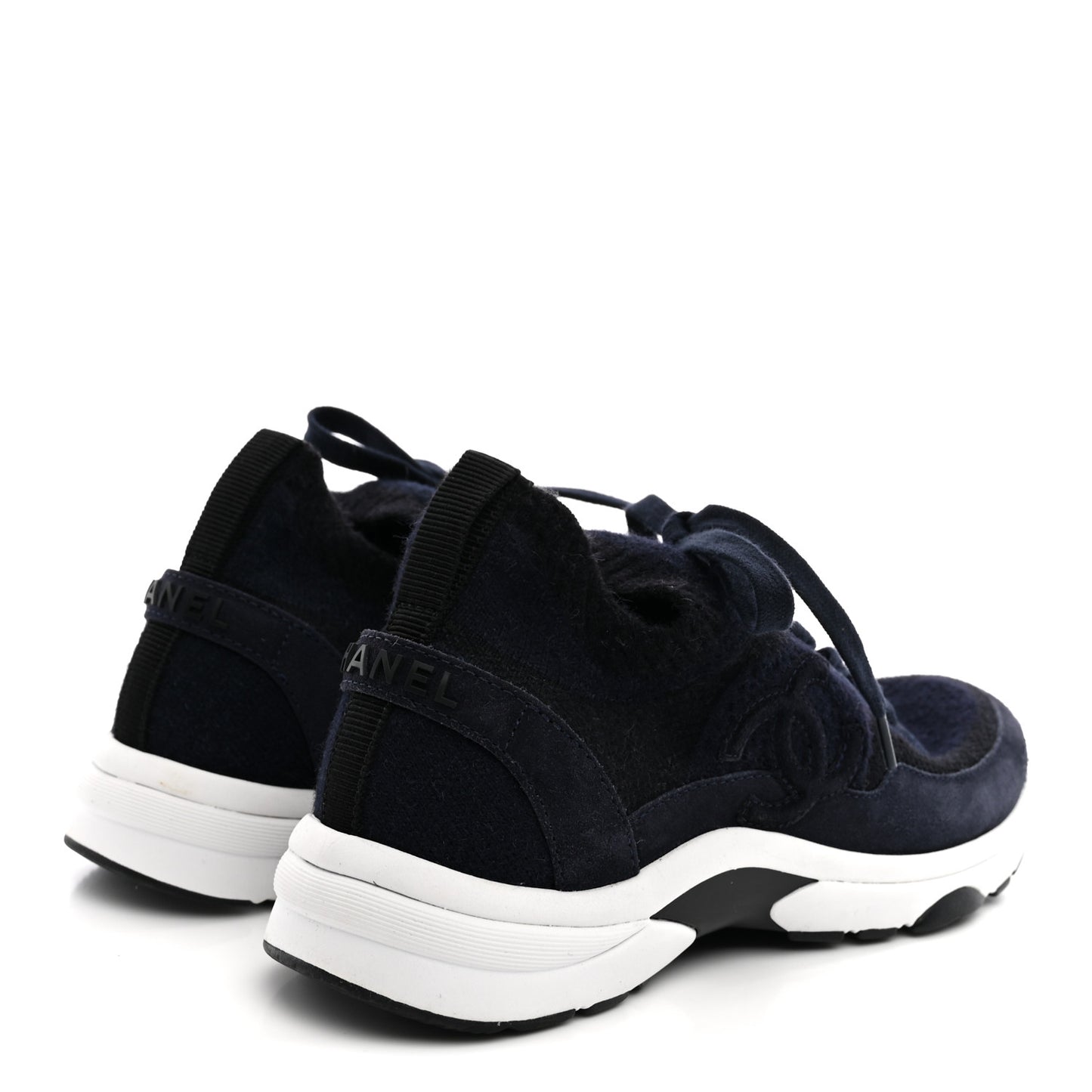 Knit Fabric Suede Calfskin Womens CC Sneakers 38 Navy Black
