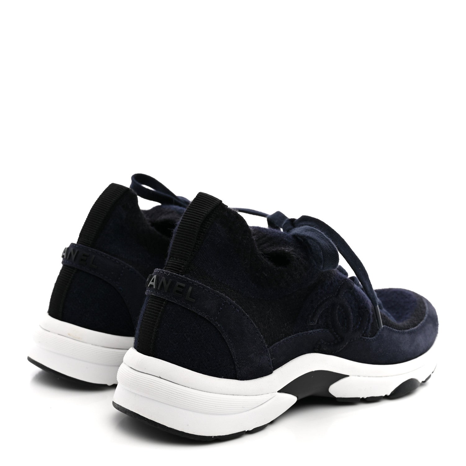 Chanel Knit Fabric Suede Calfskin Womens CC Sneakers 38 Navy Black 5 of 8