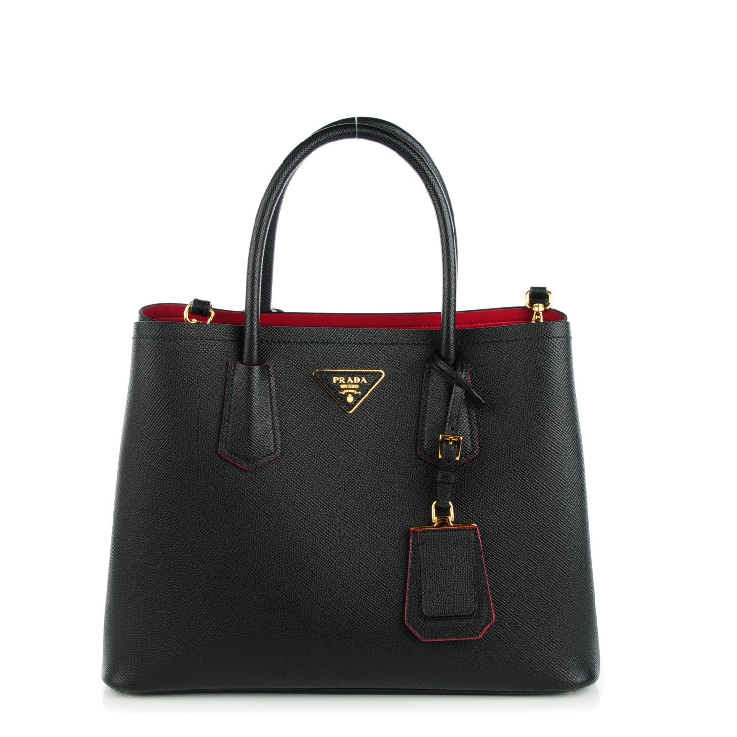 Prada Saffiano Cuir Medium Double Bag Black Fuoco 1 of 6
