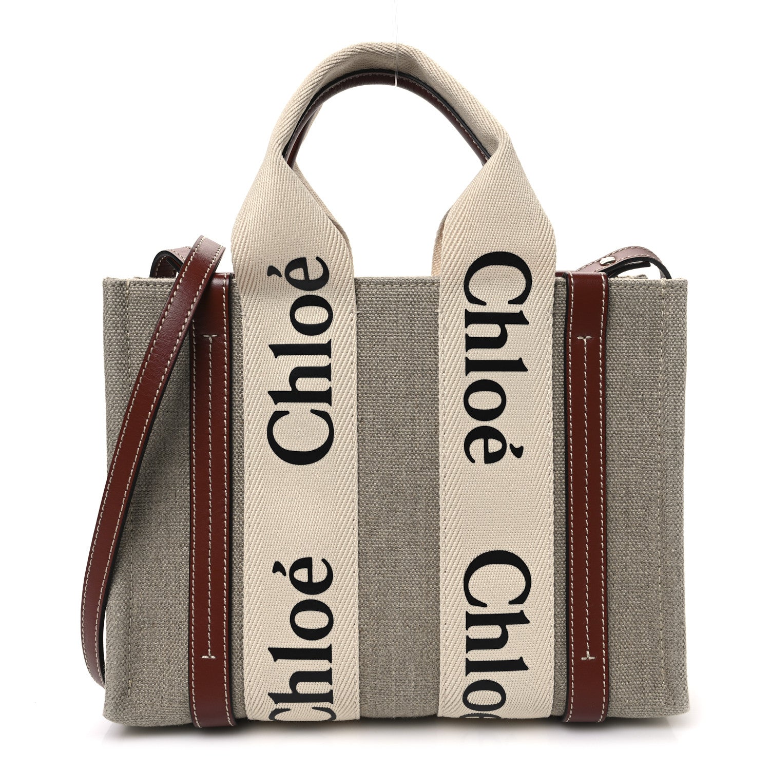 Chloe Linen Calfskin Small Woody Ribbon Tote With Strap White Brown 1 of 9