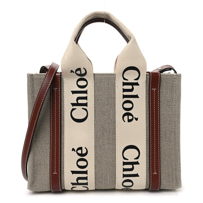 Chloe Linen Calfskin Small Woody Ribbon Tote With Strap White Brown 1 of 9