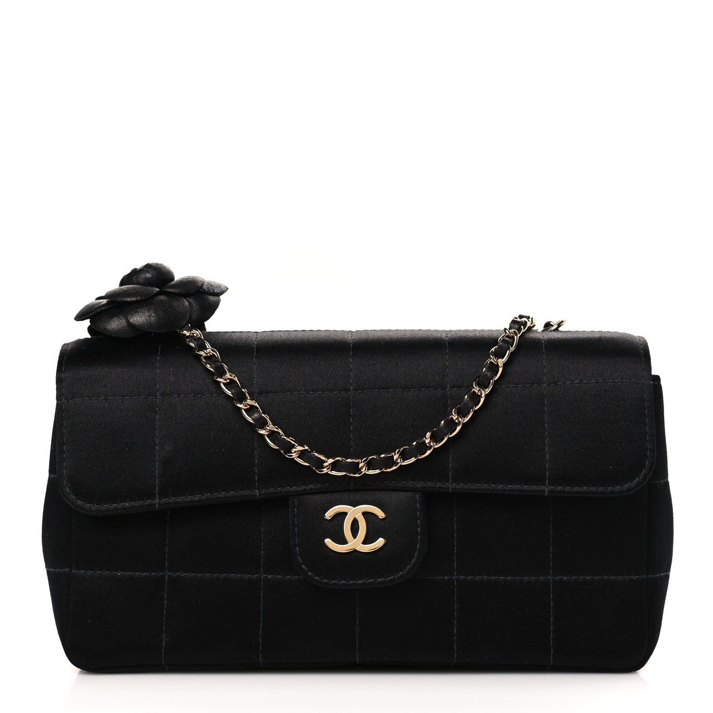 Satin Chocolate Bar Quilted Camellia Rectangular Mini Flap Black