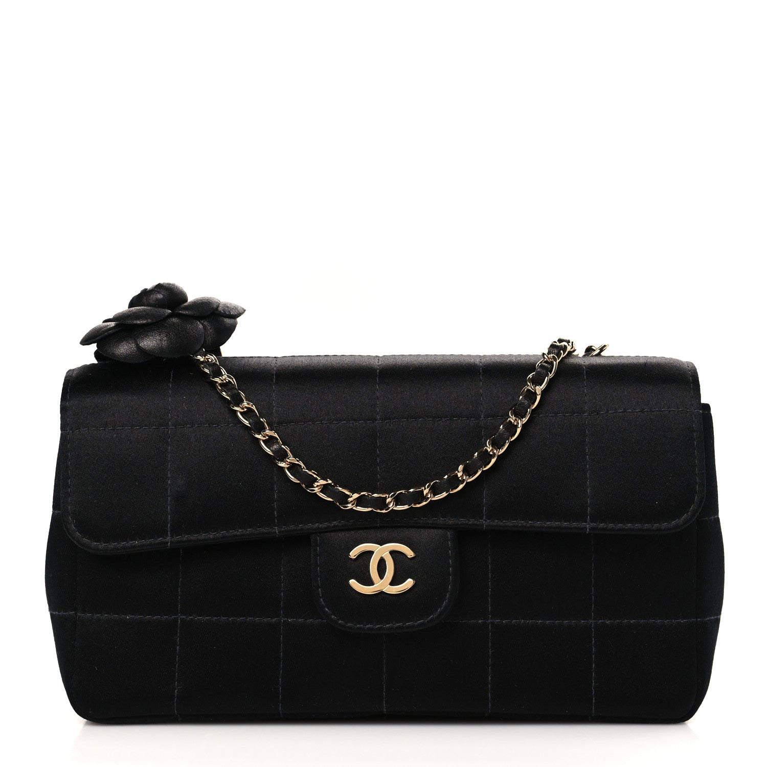 Chanel Satin Chocolate Bar Quilted Camellia Rectangular Mini Flap Black 1 of 10