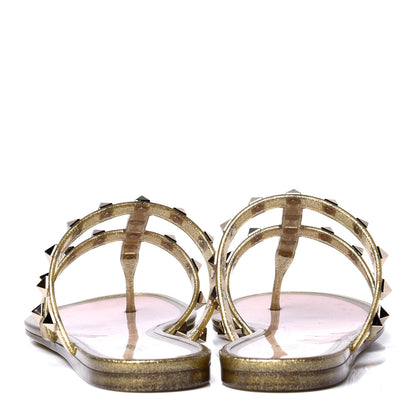 Valentino Garavani PVC Jelly Glitter Rockstud Caged Flat Thong Sandals 39 Oro 4 of 6