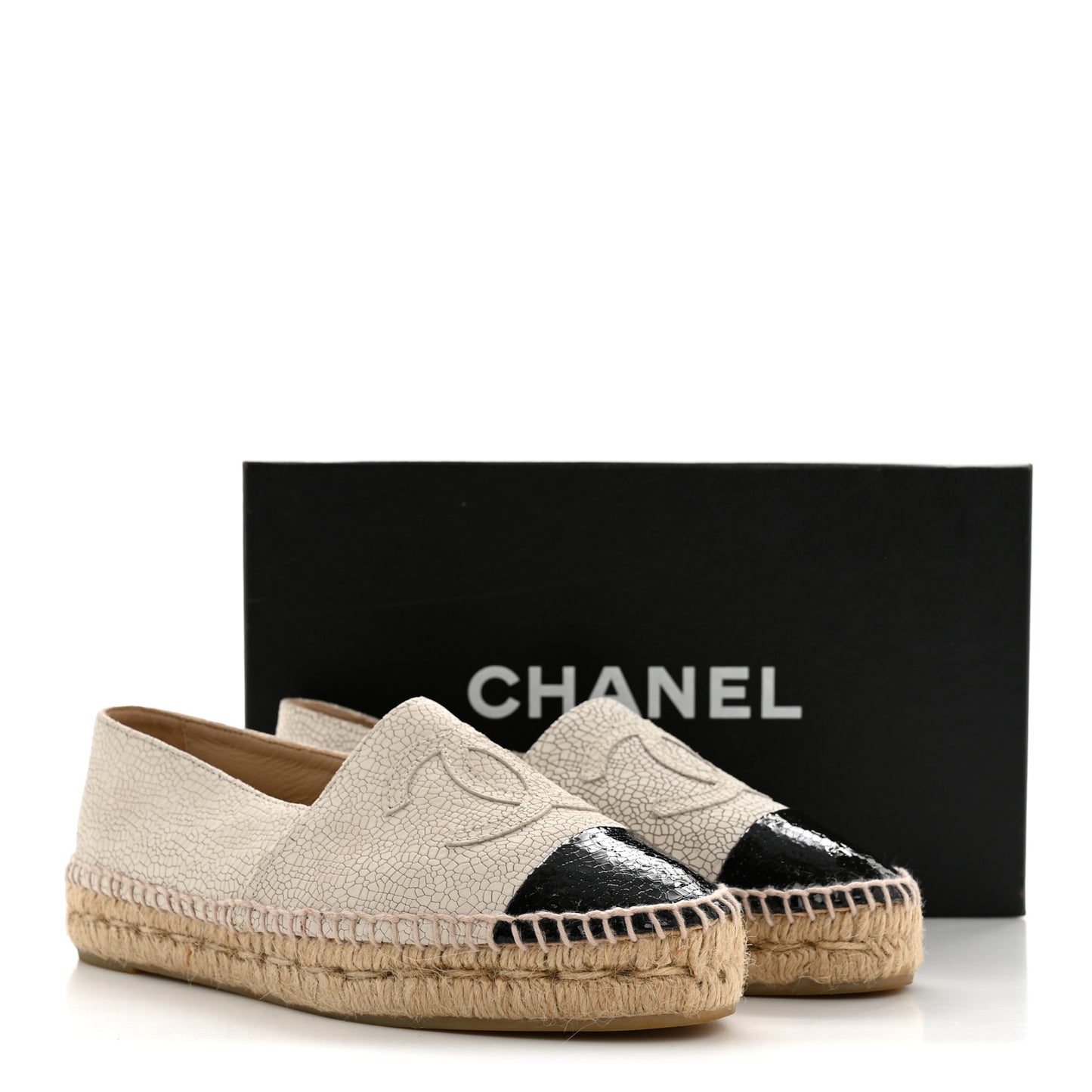 Crackled Calfskin Espadrilles 36 Light Beige Black