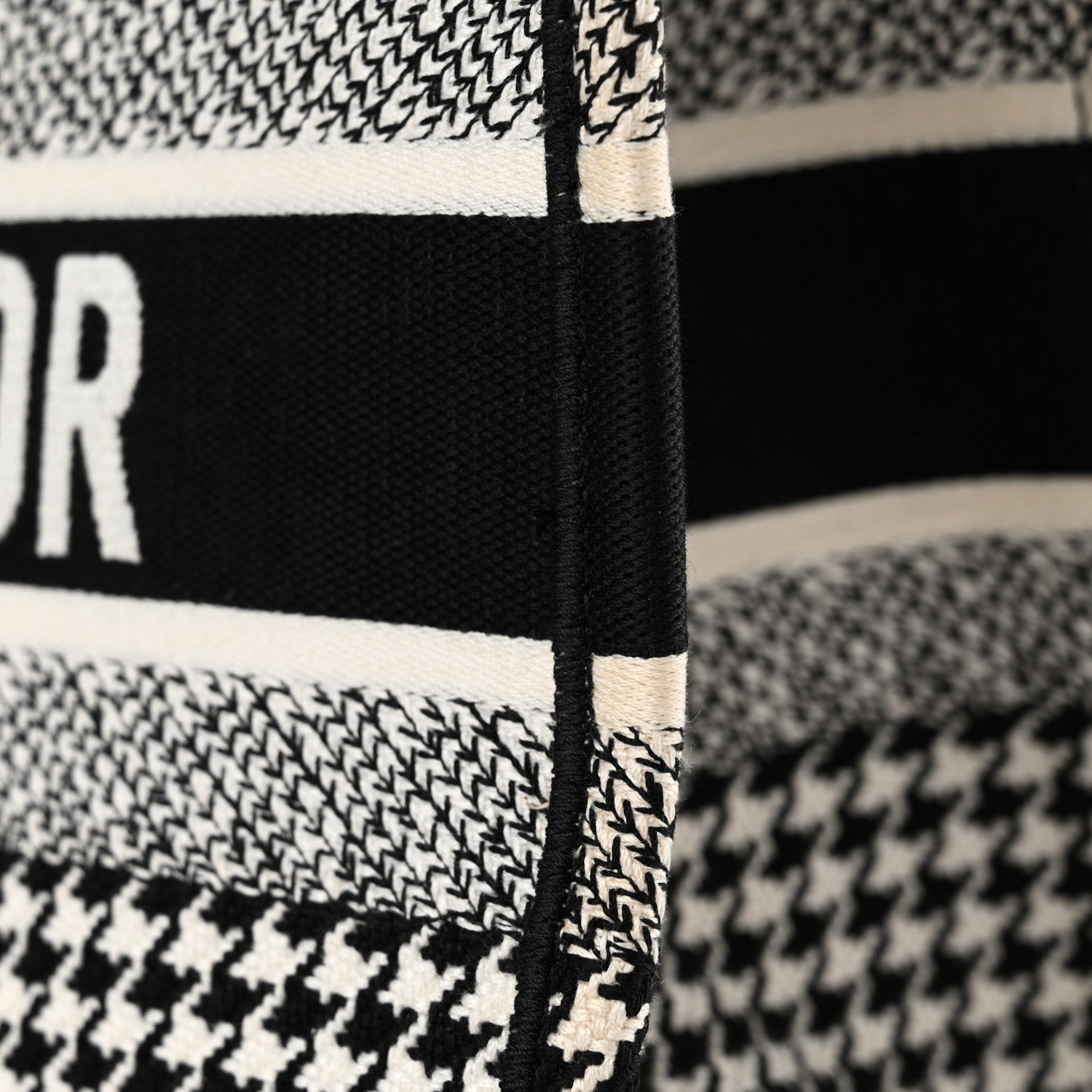 Christian Dior Canvas Houndstooth Embroidered Medium Book Tote Black White 14 of 17