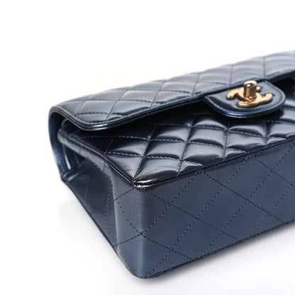 Chanel Metallic Lambskin Quilted Small Double Flap Dark Blue 8 of 9