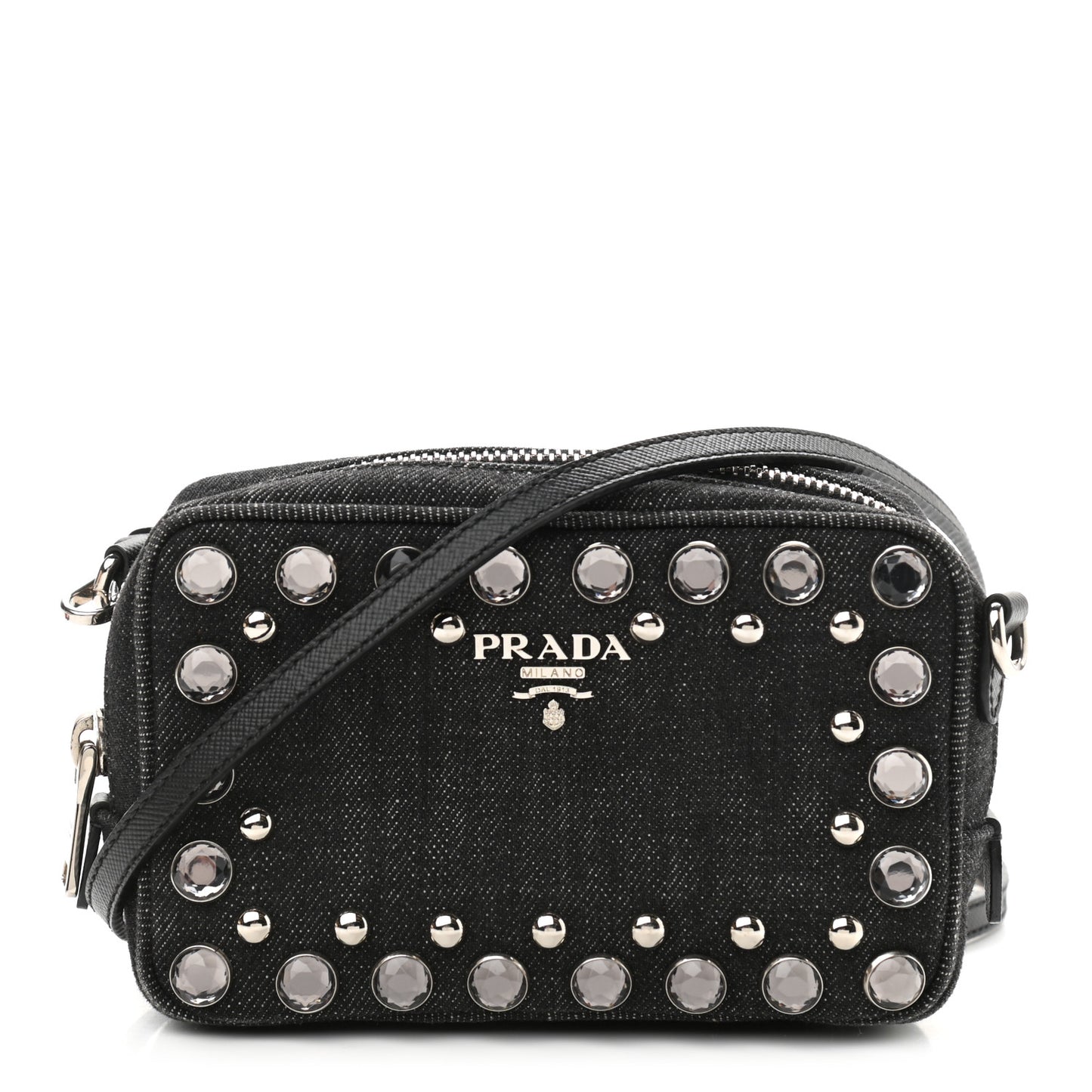 Denim Studded Embellished Mini Camera Crossbody Black