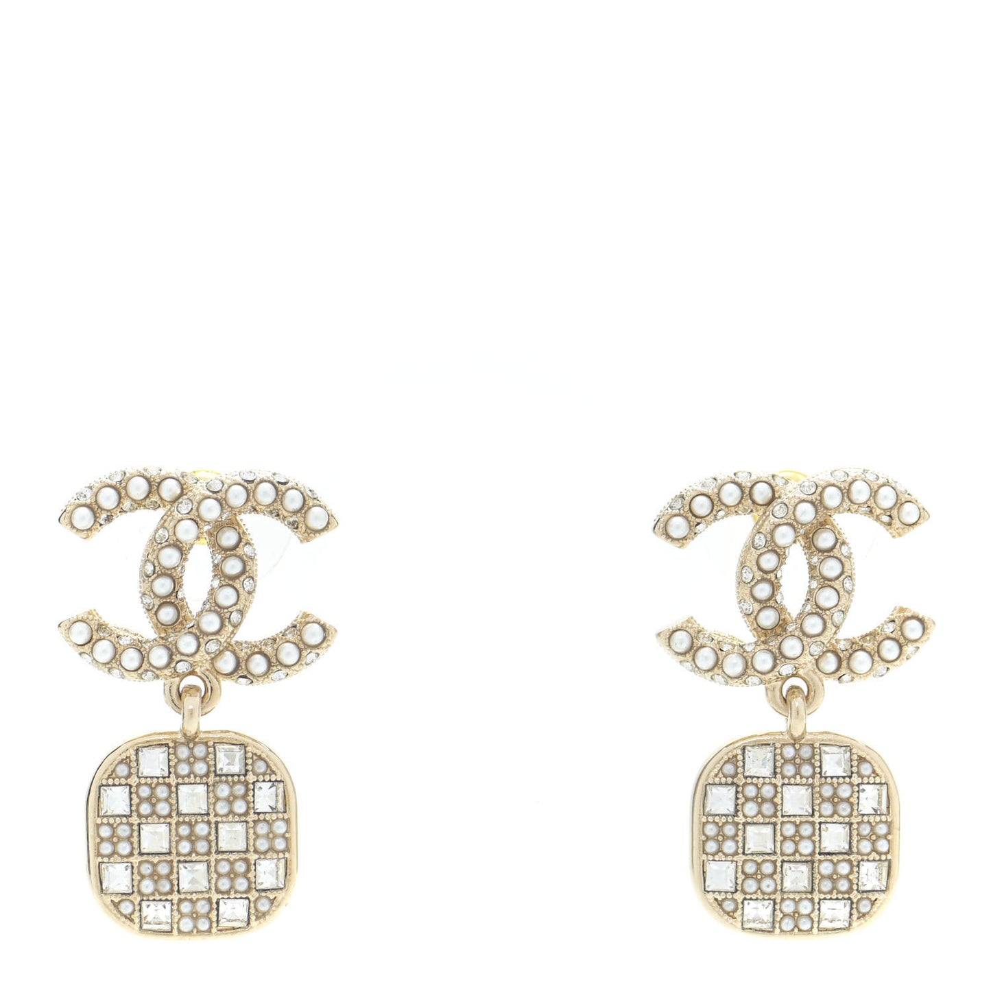Pearl Baguette Crystal CC Drop Earrings Gold