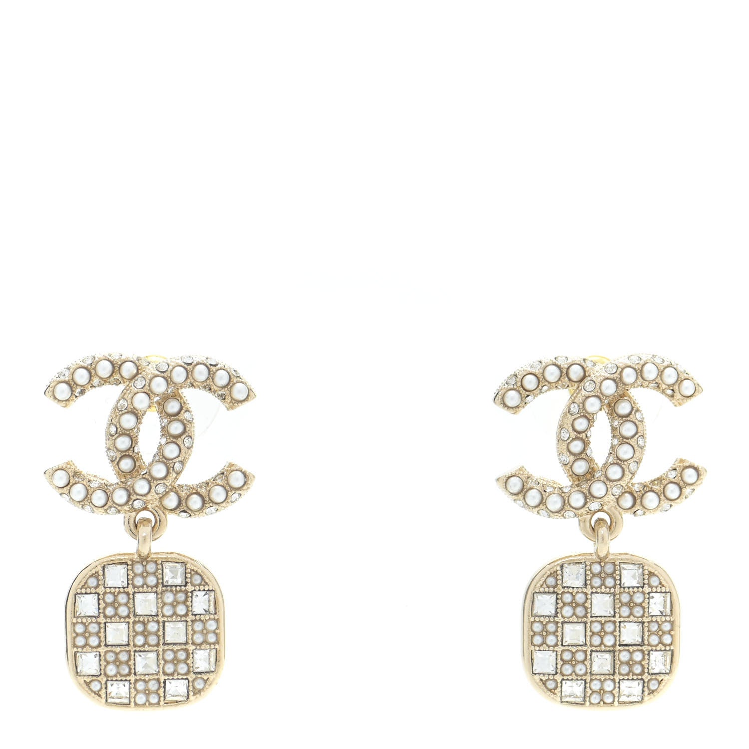 Chanel Pearl Baguette Crystal CC Drop Earrings Gold 1 of 5