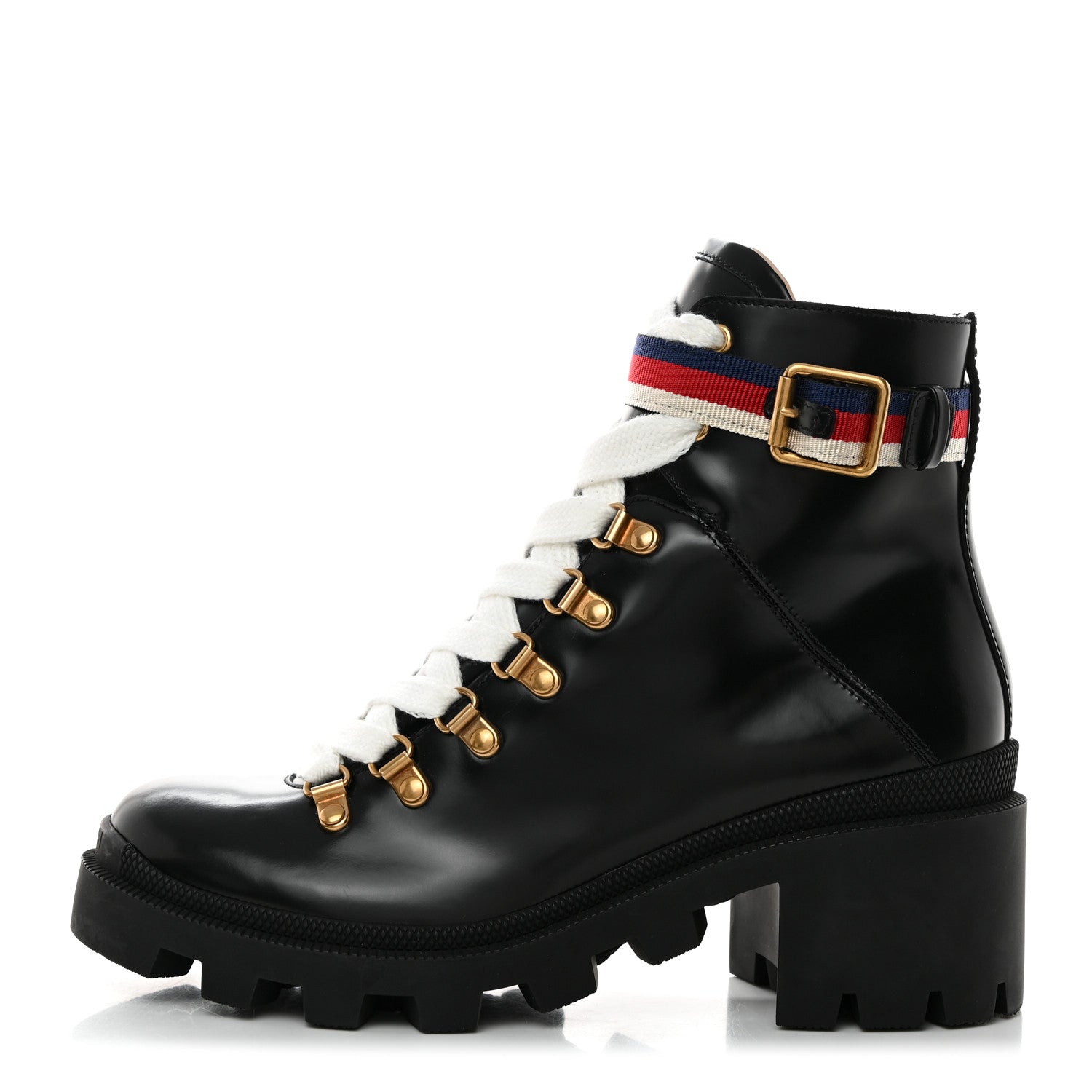 Gucci Calfskin Sylvie Web Lace Up Combat Boots 38 Black 1 of 9